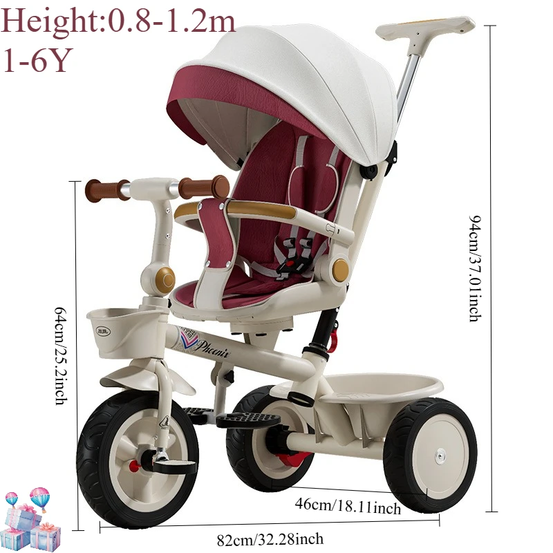 Tricycle Phoenix pliant pour enfants 16 ans design moderne siège en tissu bordeaux canopy escamotable roues en