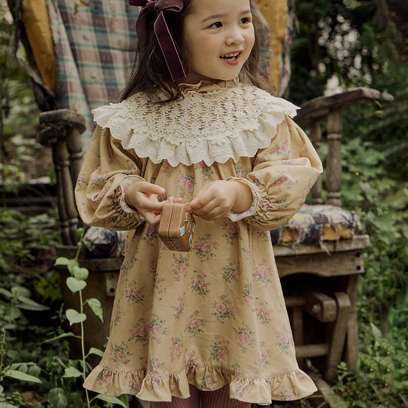 Robe princesse dentelle florale filles tenue coréenne volants printempsautomne 2025 douce confort fille 46 ans