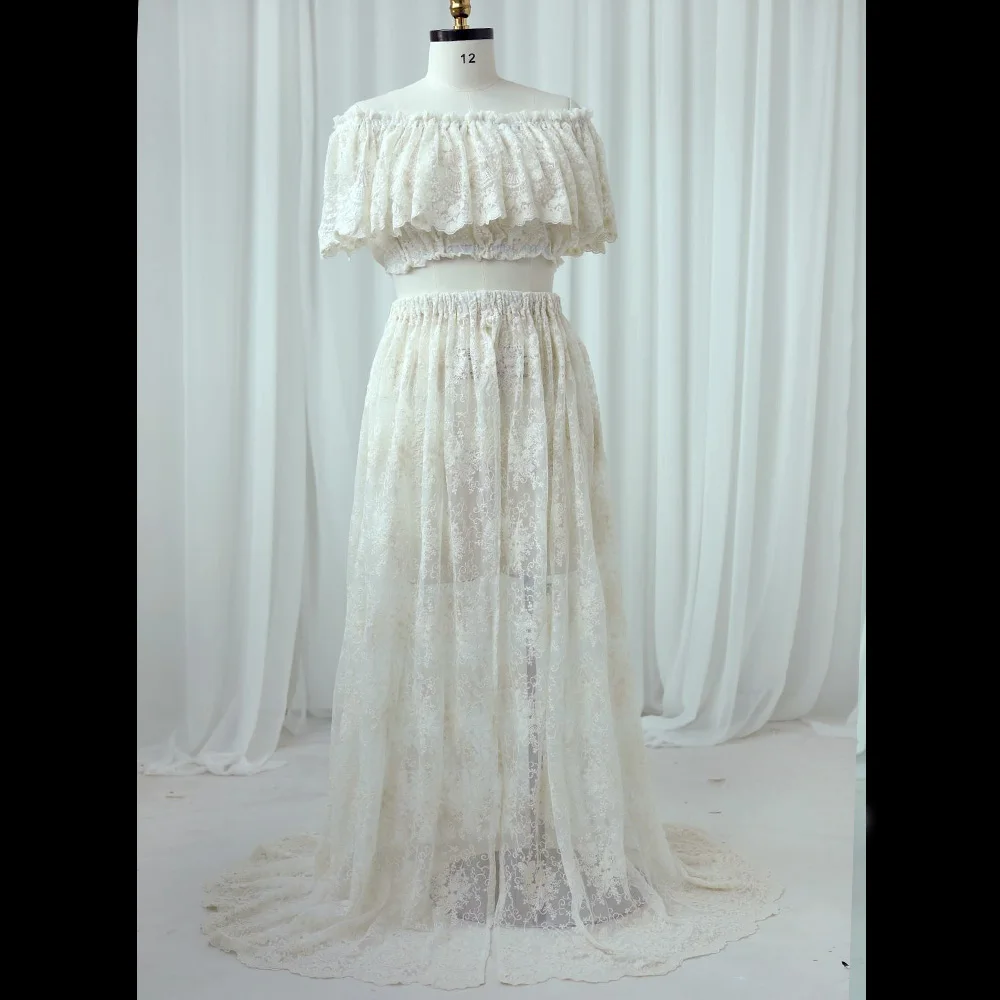 Robe de maternité brodée en coton offwhite baby shower photographie Aline manches longues style bohème