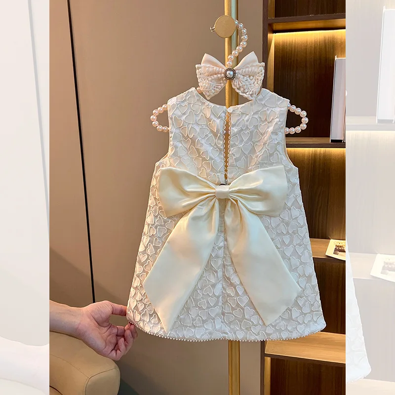 Robe princesse style occidental fille robe cérémonie mariage fête tissu coton texture cœur nœud satin robe lon