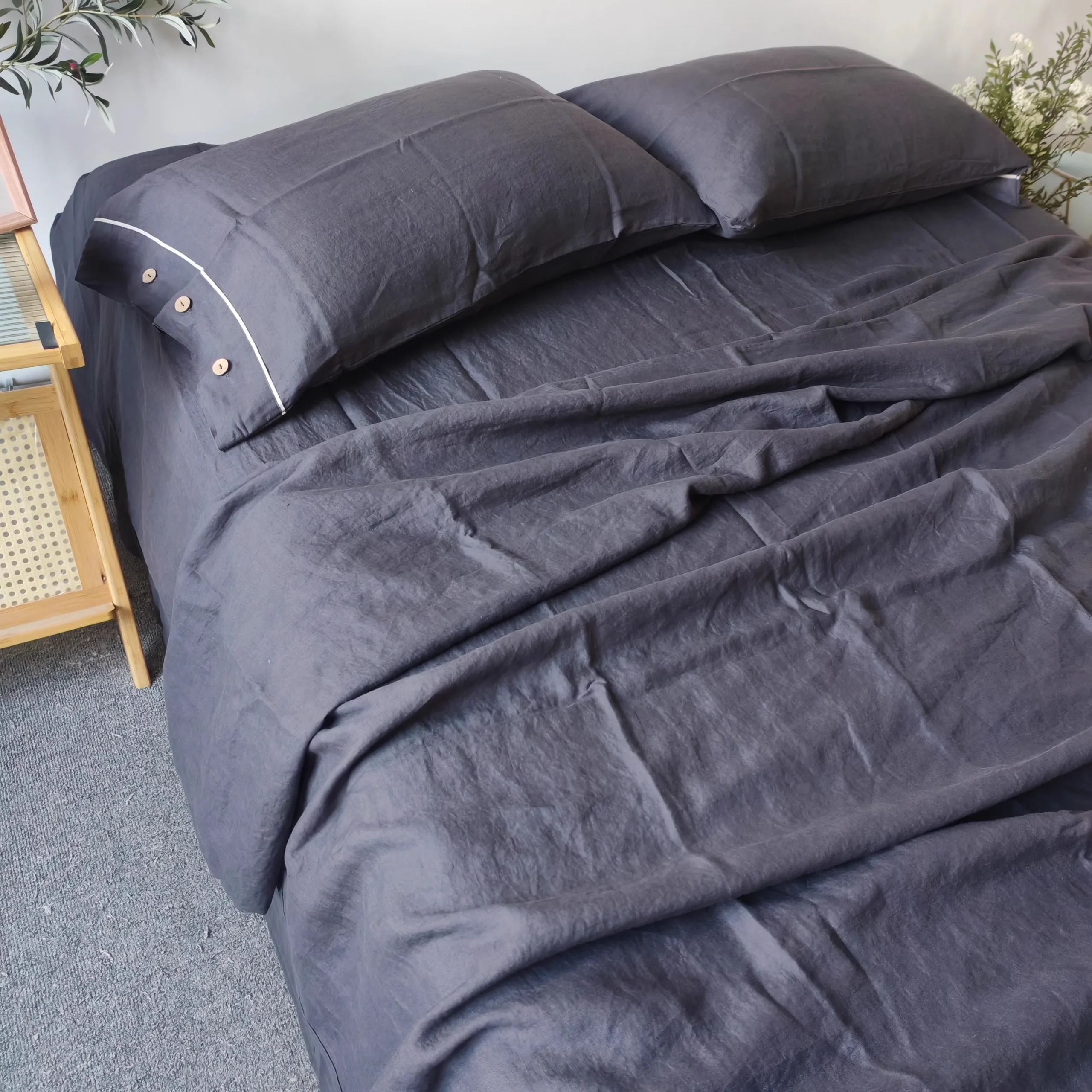 Ensemble literie bébé 100% lin housse couette drap housse taies oreiller couleur unie dark blue hypoallergéniq