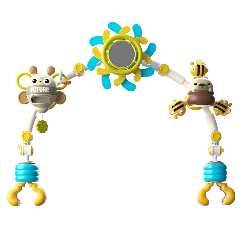 Mobile éveil bébé 3en1 animaux suspensions miroir jaune bleu vert 012 mois poussette accessoire développement