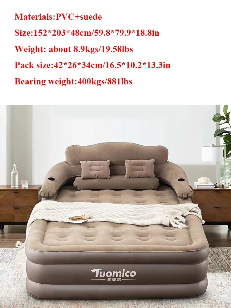 Canapélit gonflable Tuomico matelas d'appoint PVC suède 152x203x48 cm lit d'appoint coussins intégrés style mo