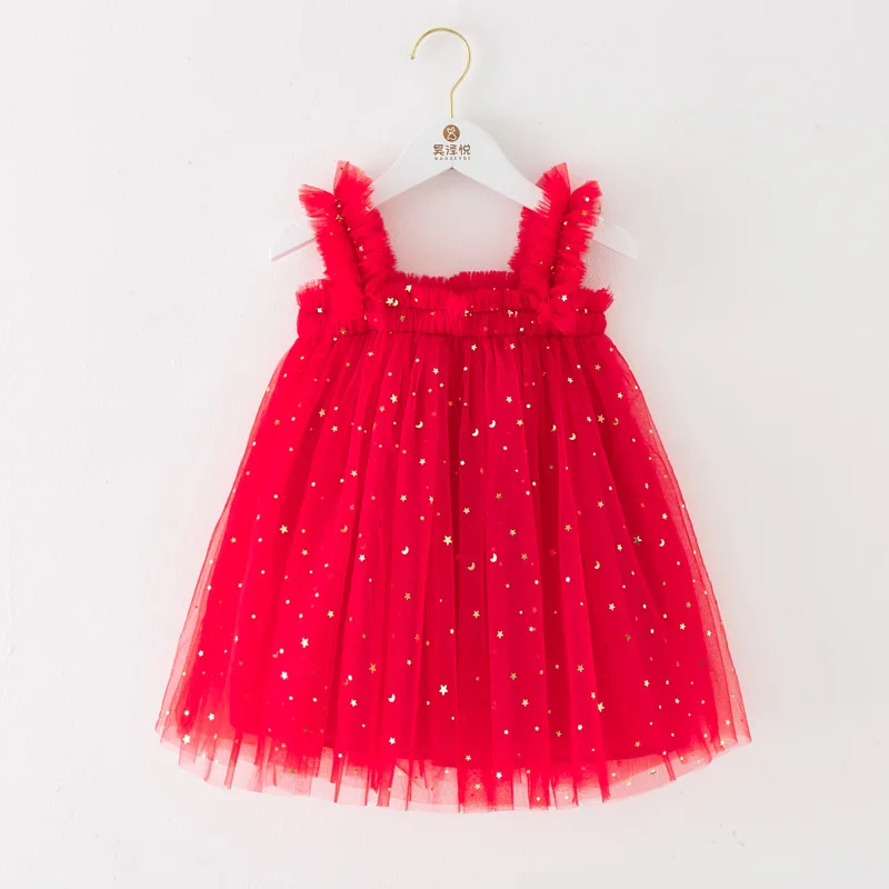 Robe Tutu Fille Élégante Fête Anniversaire 26 Ans Tissu Tulle Doré Étoiles Lune Fines Fronces