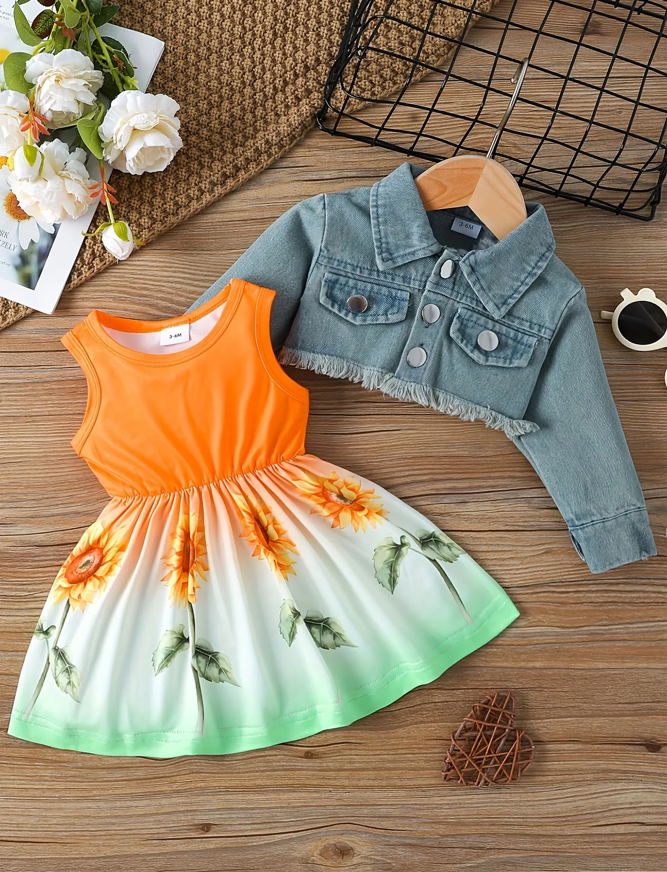 Tenue 2 pièces pour bébé fille | Robe imprimé tournesol jacket denim | Ensemble mignon été printemps 06 ans