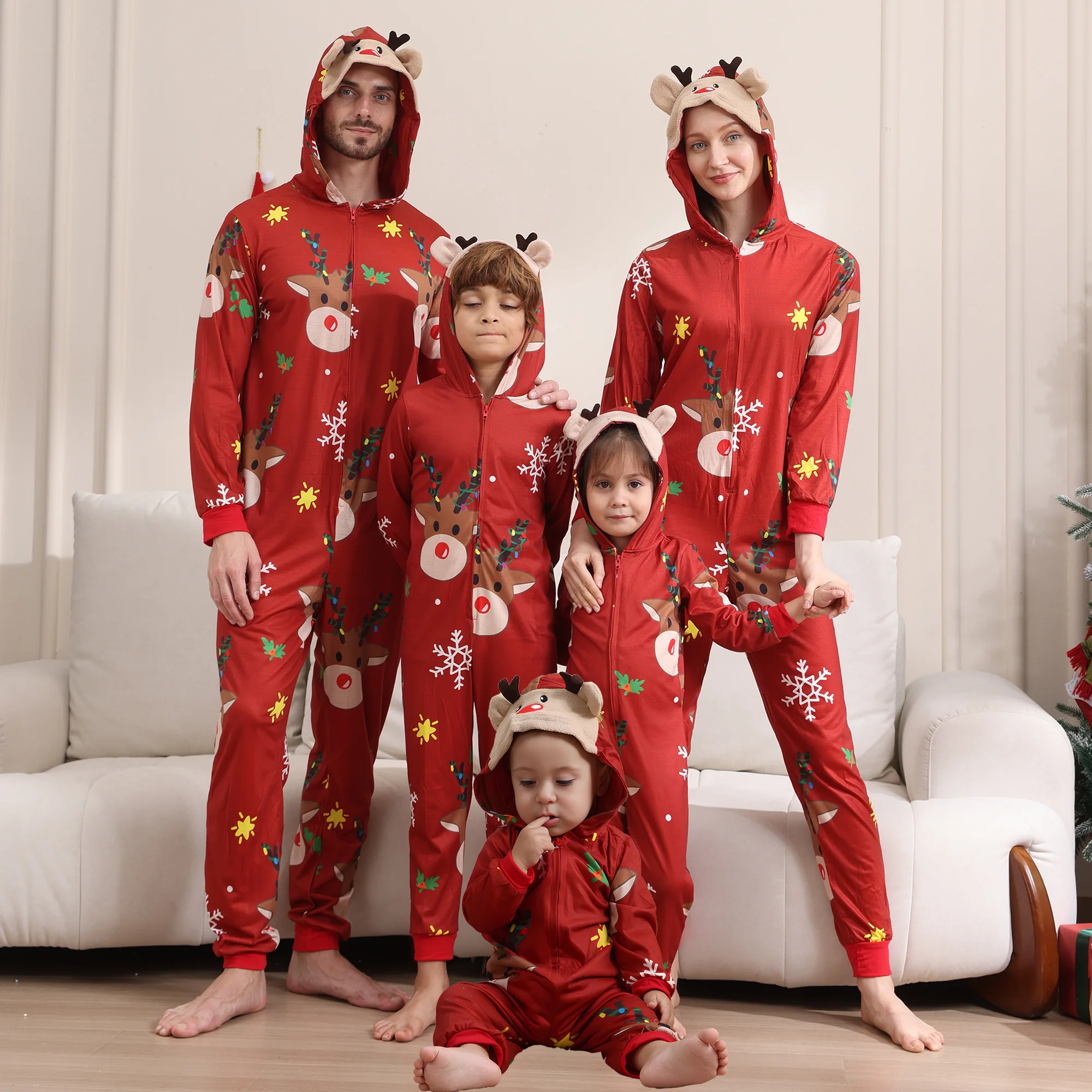 Pyjamas de Noël Famille Maman Papa Enfant Bébé Combinaison Robe de Famille rouge Douceur Élégance Fête Cadeau