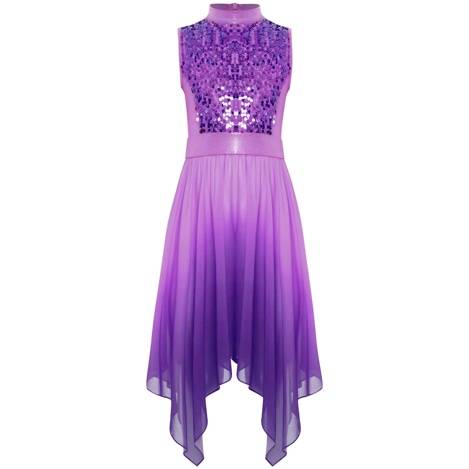 Robe de danse pour filles style asymétrique sequins violet polyester et chiffon soirée fête gala occasion spéc