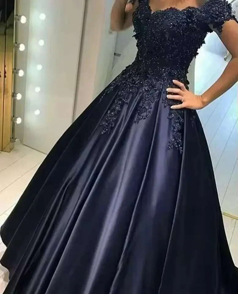 Robe formelle élégante dentelle épaules dénudées robe de soirée navy