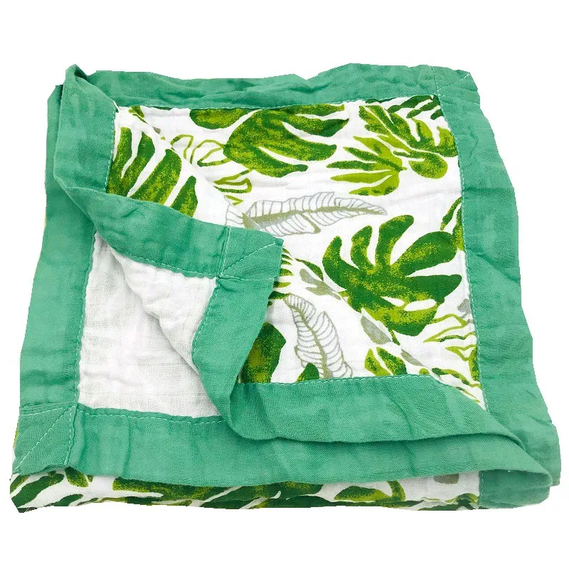 Couverture en mousseline 100% coton bébé quatre couches 120x120cm respirante nouveauné style tropical vert mot