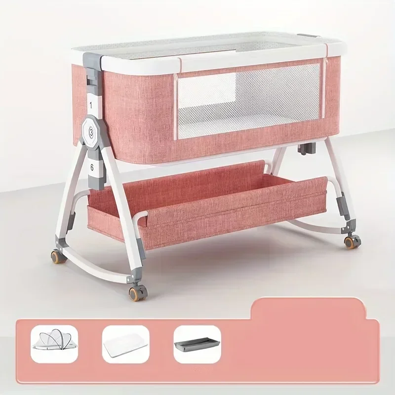Berceau bébé multifonctionnel ajustable hauteur lit portable design moderne rose rangement intégré roulettes m