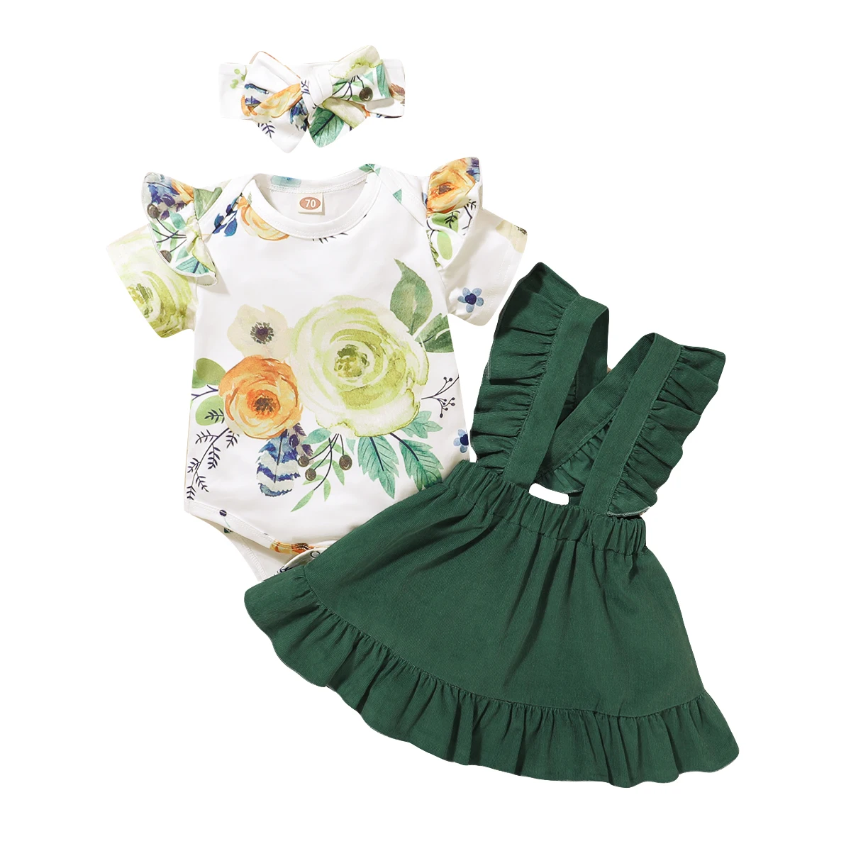 Ensemble bébé fille 3 pièces body coton floral robe bretelles fronces bandeau nœud papillon 012 mois été print