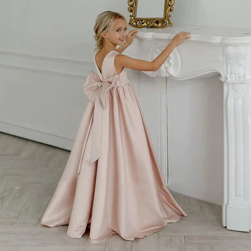 Robe élégante pour filles blanc robe de bal demoiselle d'honneur communion mariage style européen avec gros nœ