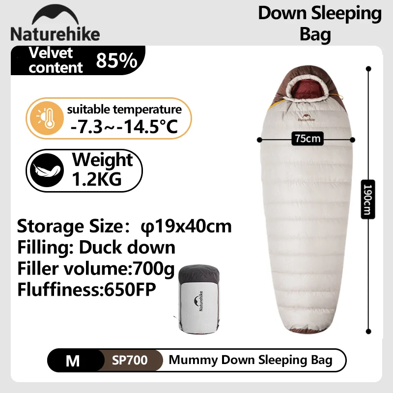 Sac de couchage Naturehike Snow Bird 20D mummy duvet canard randonnée camping froid portable adultes 190cm x 7