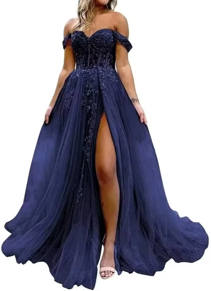 Robe de soirée élégante à dos nu manches sans longueur plancher navy blue occasion formelle soirée gala mariag