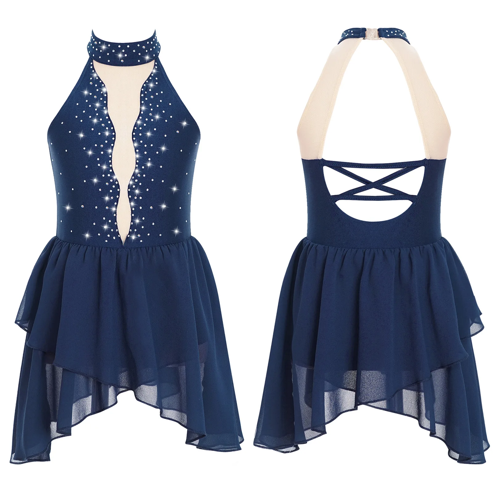 Robe de danse artistique pour filles ballet gymnastique strass maille justaucorps bleu marine vêtements de per
