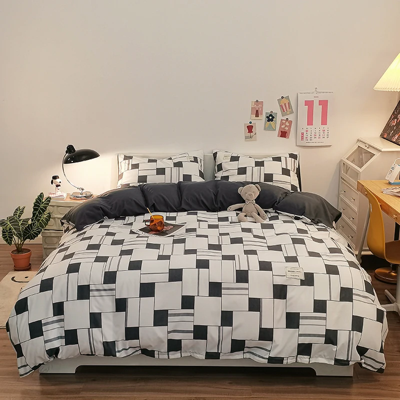 Parure de lit bébé damier housse de couette coton polyester taies d'oreiller lit double moderne minimaliste sé