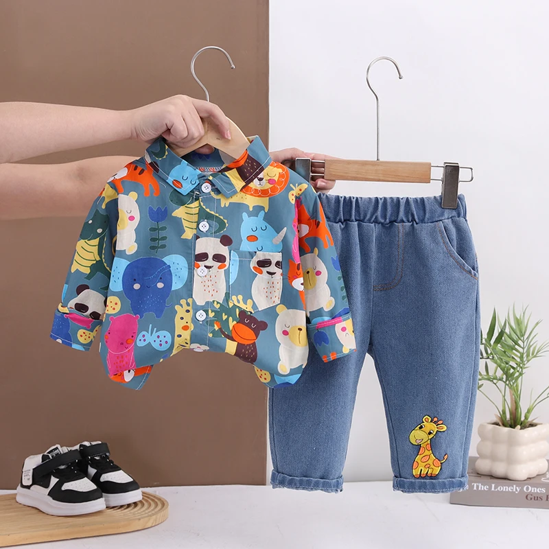 Ensemble pour enfant garçon printemps automne 2 pièces chemise longues manches pantalon denim multicolore moti