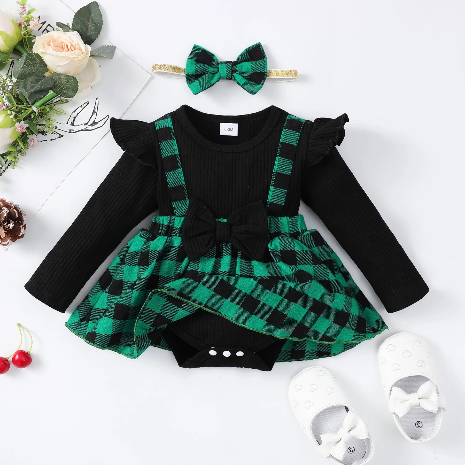Robe d'hiver fille 018 mois tissu côtelé motif carreaux vert noir