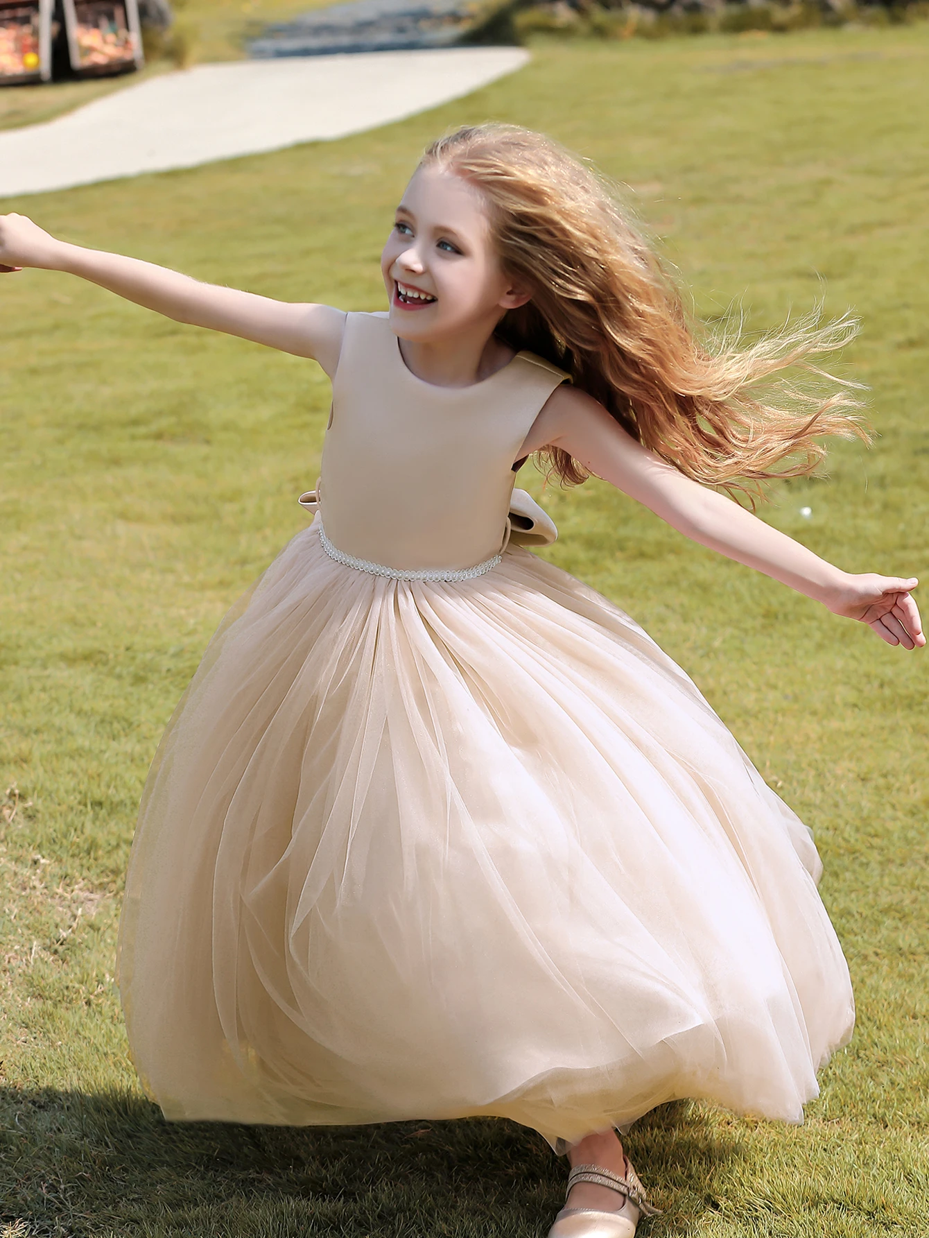 Robe d'événement pour filles en tulle avec grand nœud style princesse mariage fête formelle robe longue sans m