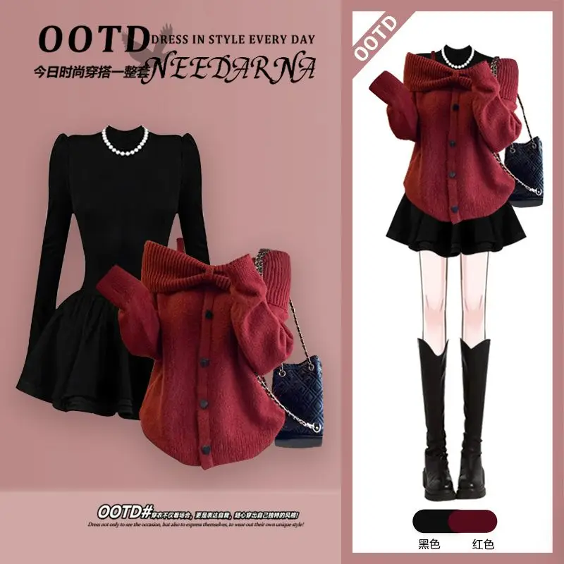 Ensemble printempsautomne pour femmes pull rouge tricoté mini robe deux pièces style décontracté matière confo