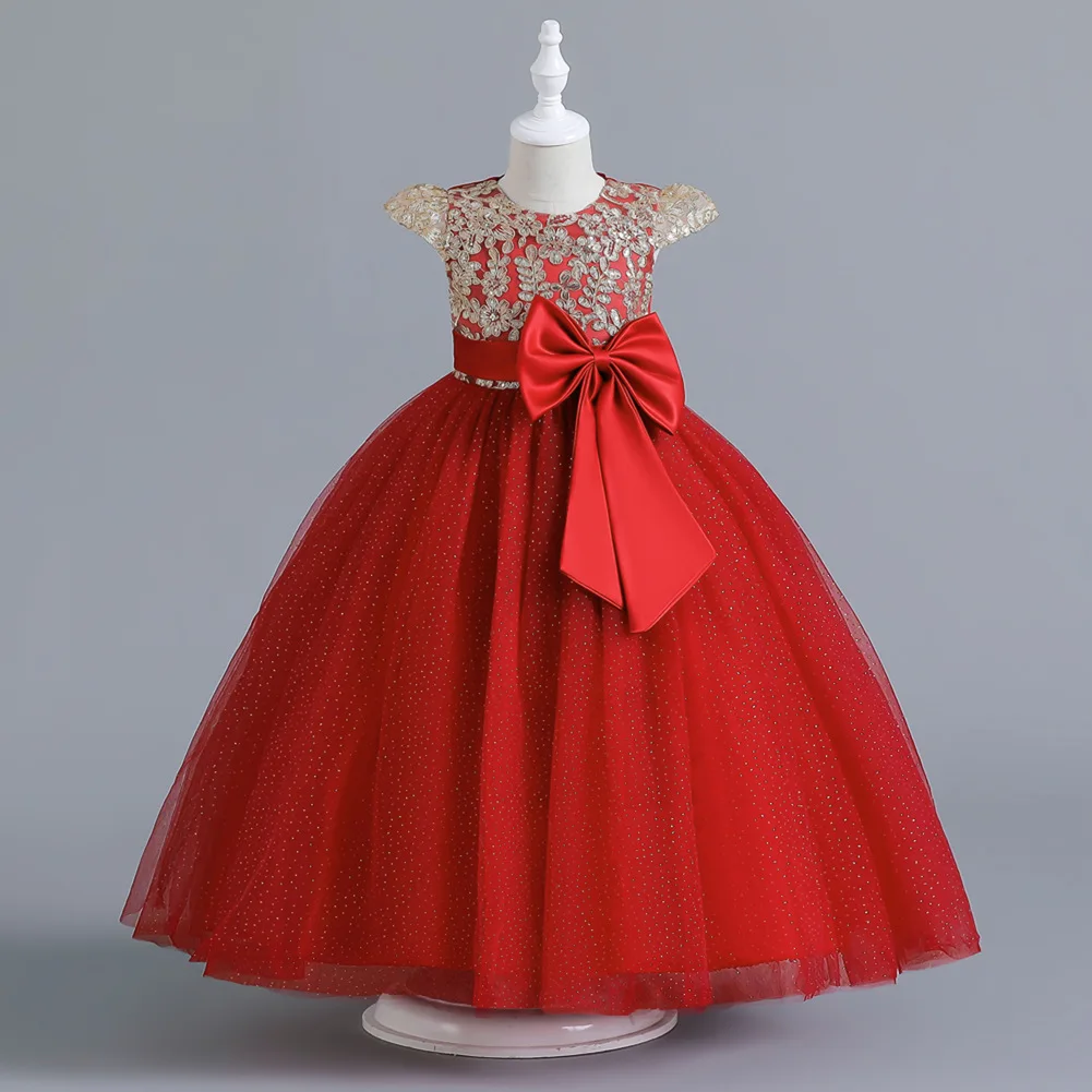 Robe de cérémonie pour enfant fille rouge avec paillettes dorées robe