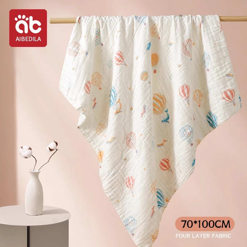 Couverture bébé AIBEDILA 4 couches tissu doux design animé montgolfières poissons 70x100 cm pour poussette lit