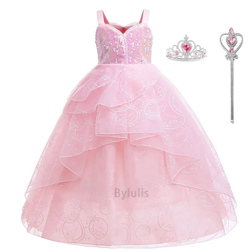 Robe princesse fille rose paillettes Glinda Halloween anniversaire cosplay tenue fête accessoires
