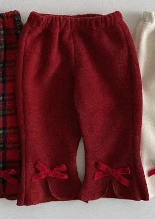 Pantalon hiver bébé fille mignon doux molleton arc polaire bow red plaid beige 13 ans