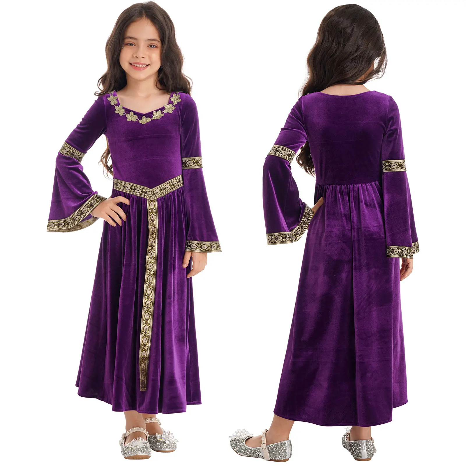 Costume princesse médiévale robe velours manches évasées enfants fêtes carnaval cosplay princesse enfant fille