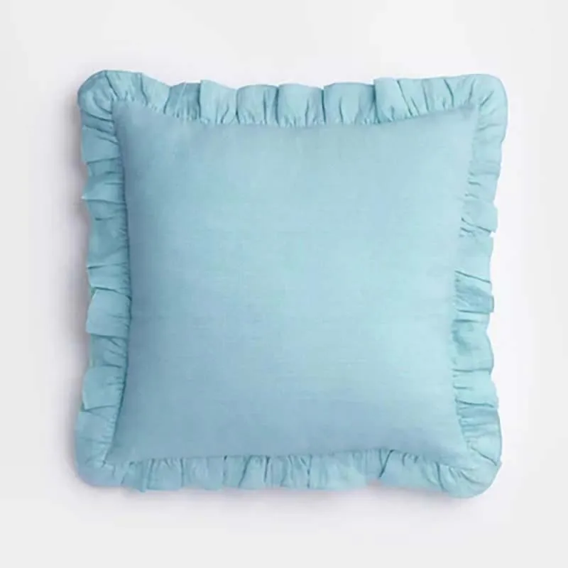 Coussin carré en lin à fronces bleu ciel décoration intérieure canapé lit design moderne confortable matériau