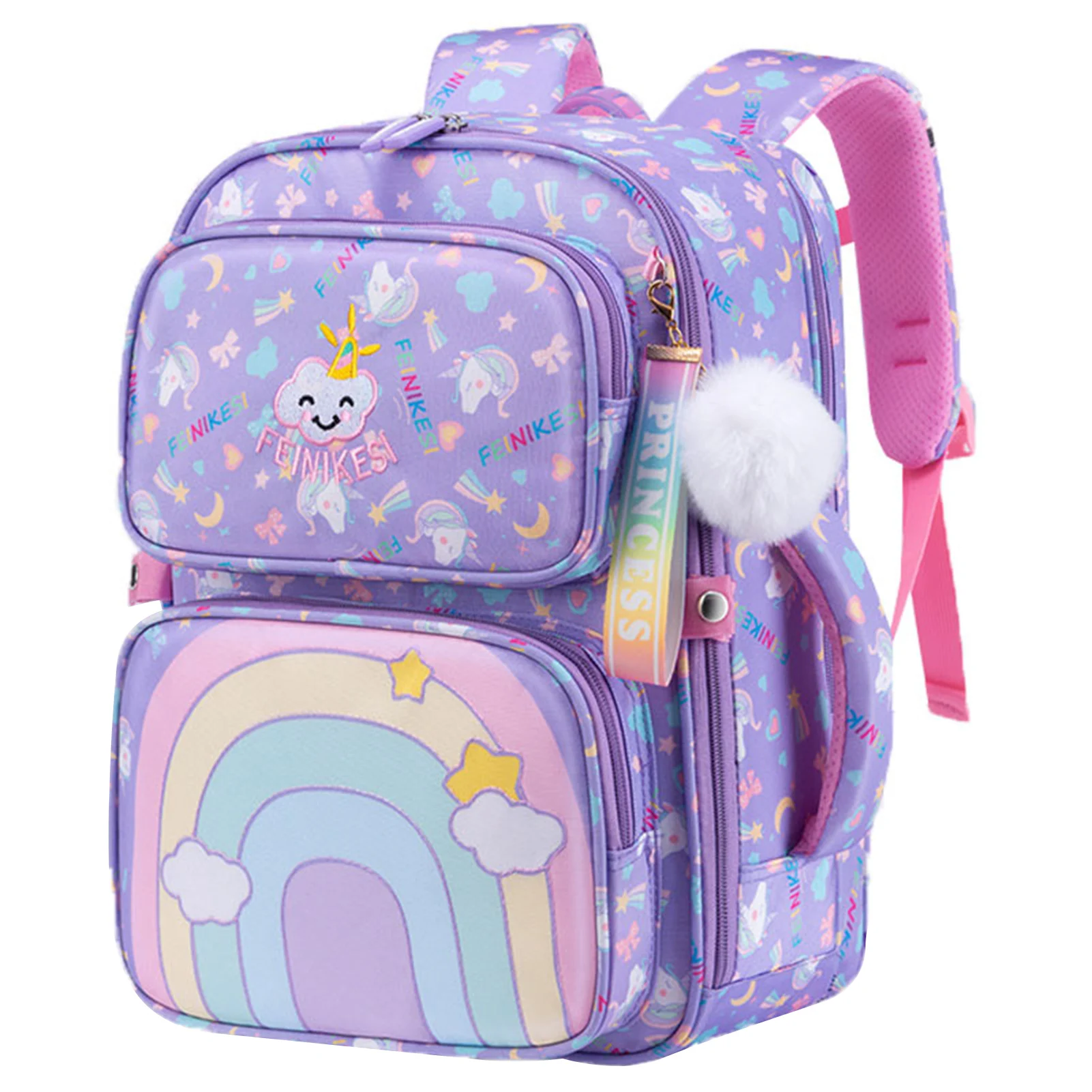 Sac à dos FINKES pour filles violet motifs multicolores zippé bandoulières rembourrées étoiles et nuages cadea