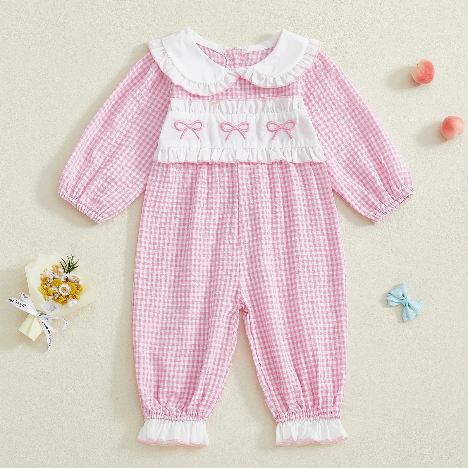 Combinaison bébé fille brodée arc style vintage à manches longues douce confortável idéale pour sommeil et sor