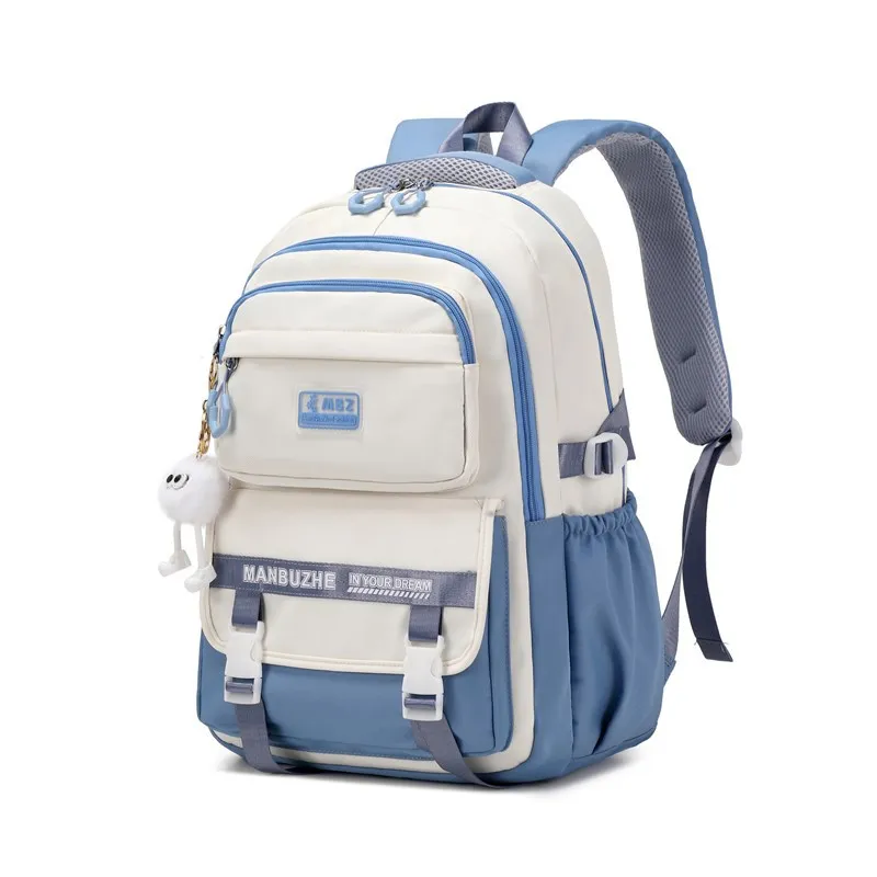 Sac à dos école filles style kawaii Oxford bleu pastel poches zippées bretelles ajustables accessoires enfant 