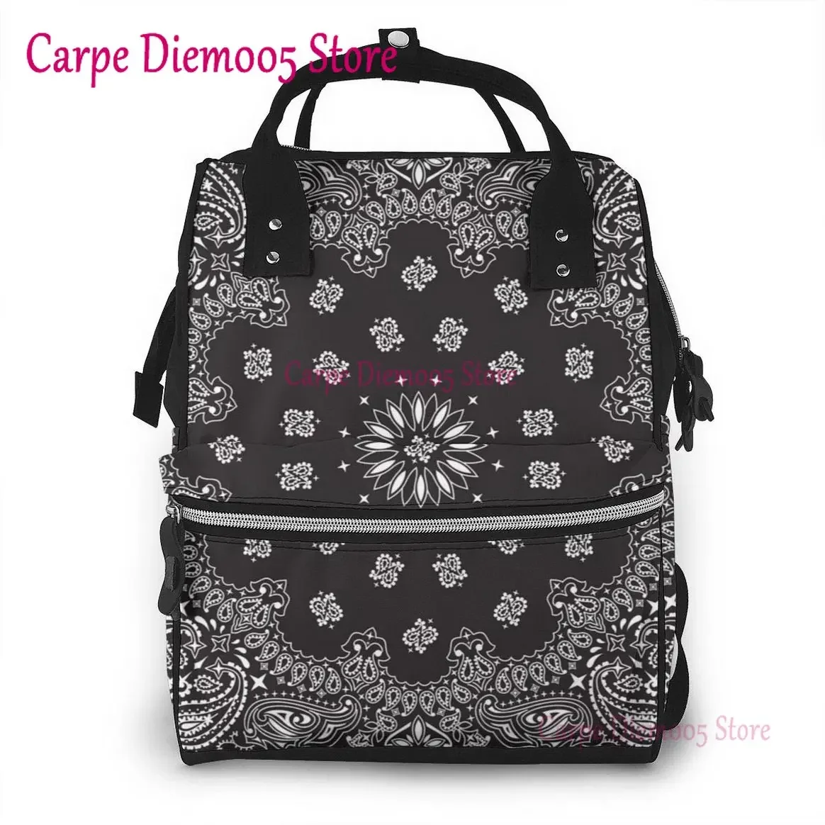 Sac à dos bébé bandana noir motif floral sac à couches grande capacité étanche multicompartment portable style