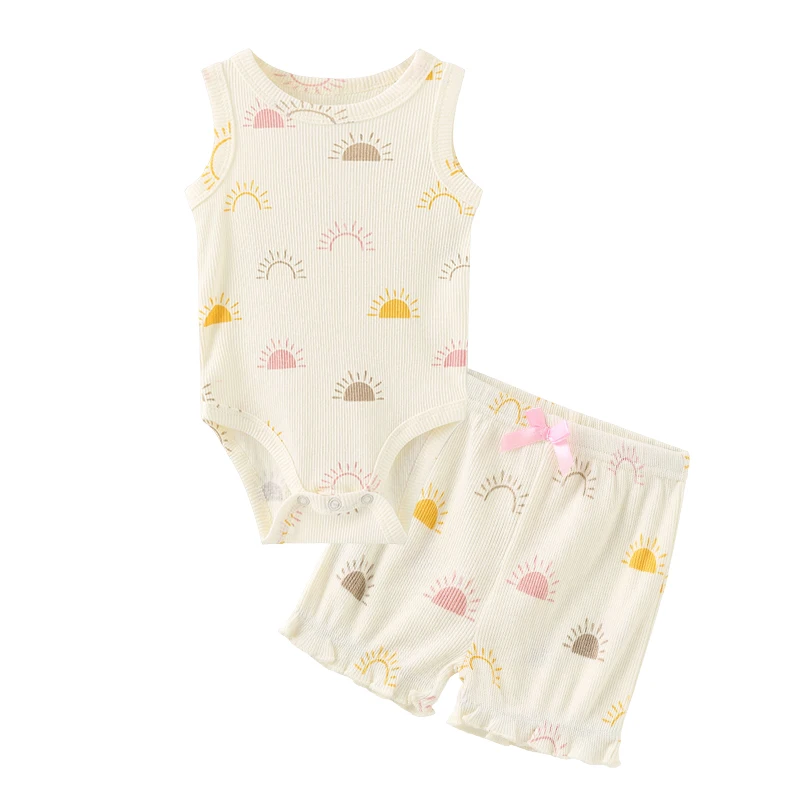 Ensemble bébé coton bimatière motifs soleils manches courtes uni ou