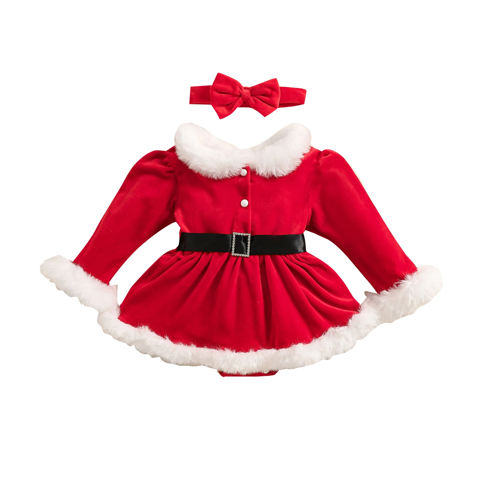 Robe de Noël bébé fille en velours patchwork manches longues col fourrure rouge