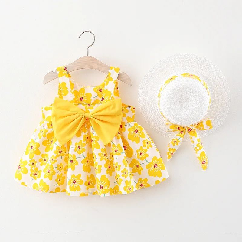 Robe d'été à bretelles florales pour bébé fille vêtements sans manches avec nœud pour enfants chapeau en cadea