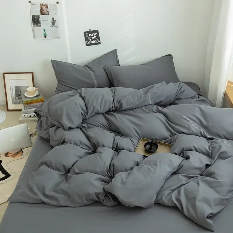 Parure de lit noire pour garçons et filles housse de couette en coton lavé taie d'oreiller couvrelit simple à