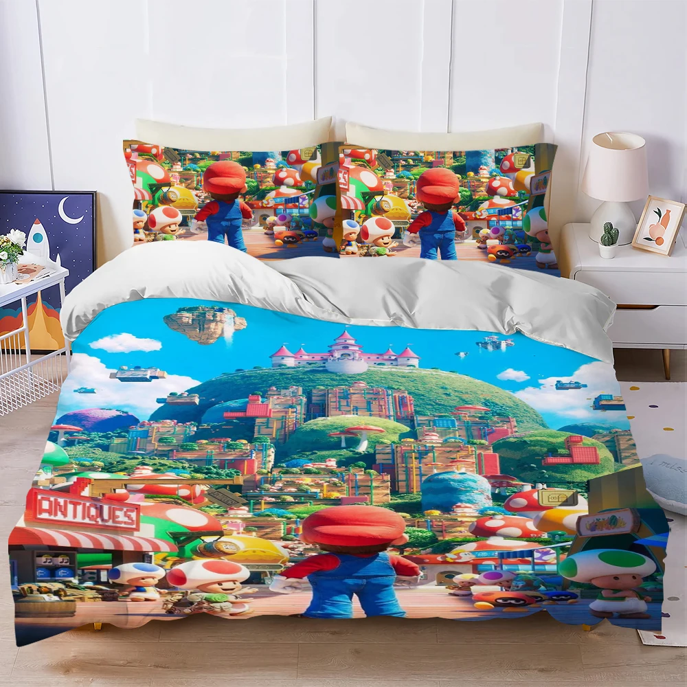 Housse de couette Super Mario Bros parure de lit cartoon style maison 3 pièces couleurs vives coton doux chamb