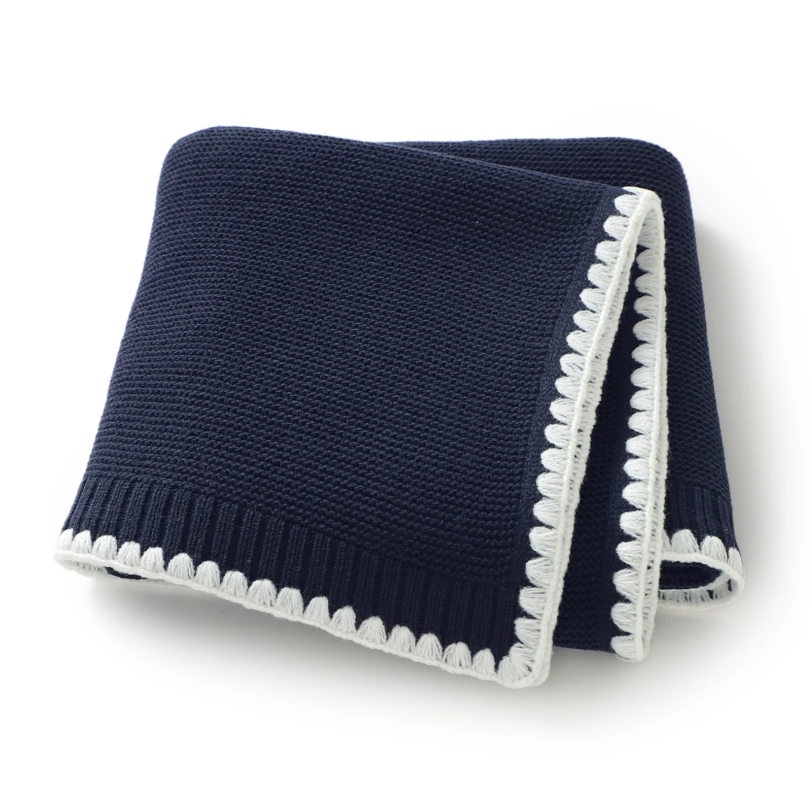 Couverture bébé fille garçon 90x70cm coton cellulaire dentelle bleu marine blanc