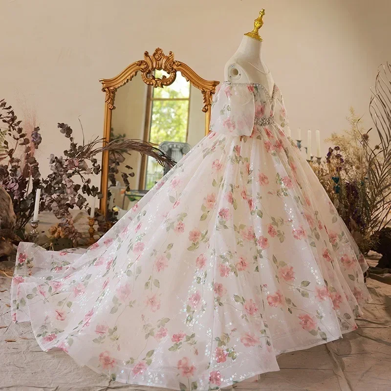 Robe longue fleurs filles Vintage robe de bal enfant fête mariage vêtements formels soirée mariée Floral dress