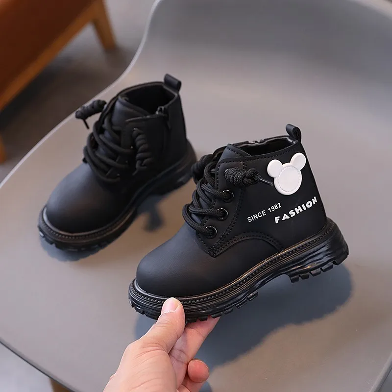Bottines enfants antiglissant style britannique conception dessin animé cuir PU modernes écolières et décontra