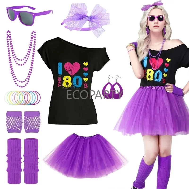 Costume des années 80 pour femme accessoires complets robe tutu tshirt imprimé gants en résille bijoux néon st