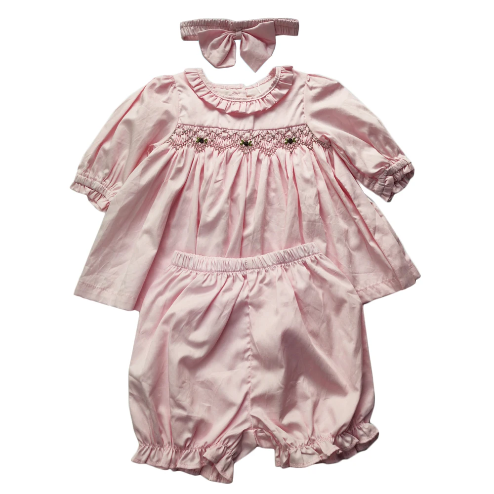 Ensemble robe smockée manches longues bébé fille 12 ans short bandeau coton rose broderie occasionnel et quoti