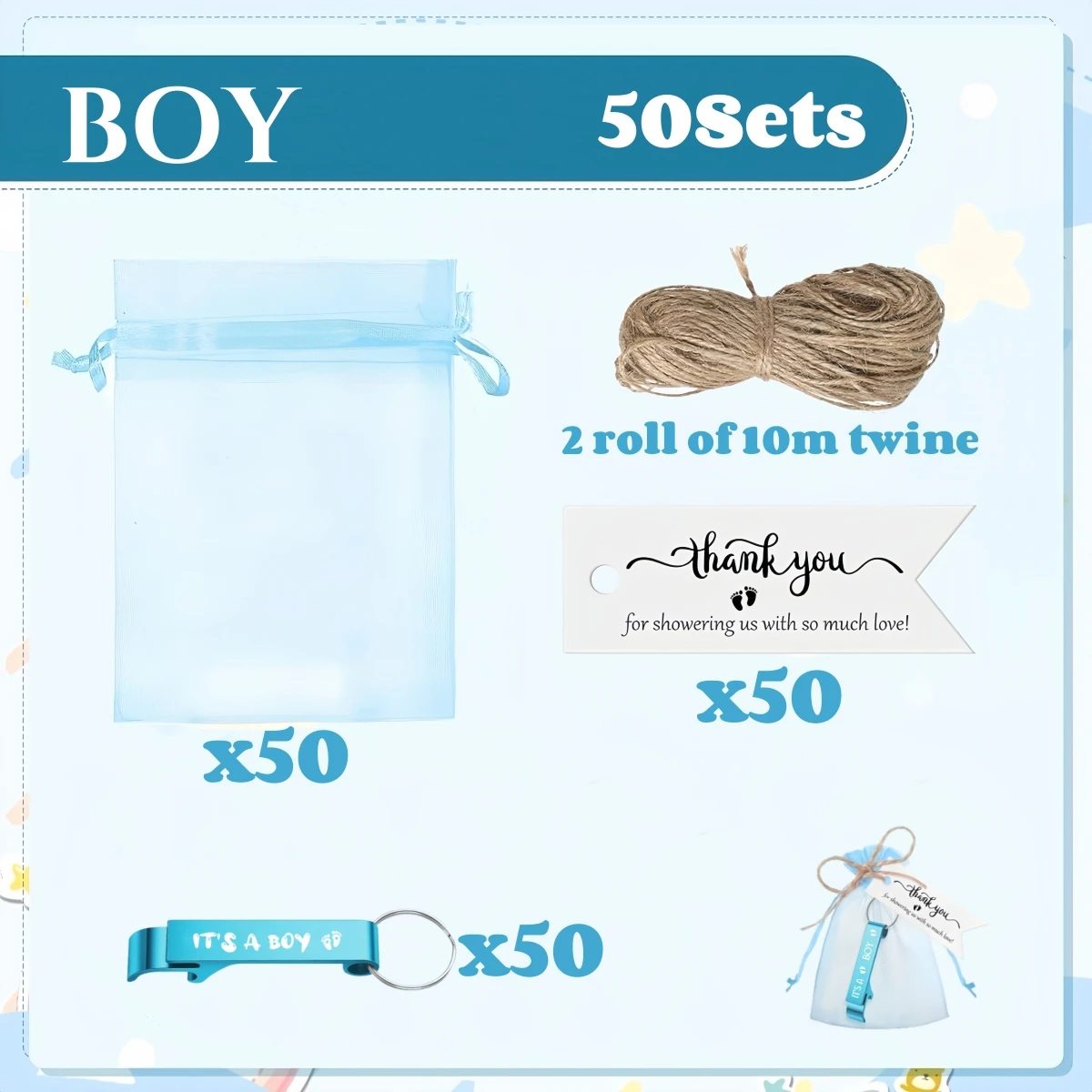 Lot 50 pièces sacs en organza bleu porteclés IT'S A BOY étiquettes remerciement twine beige cadeaux baby showe
