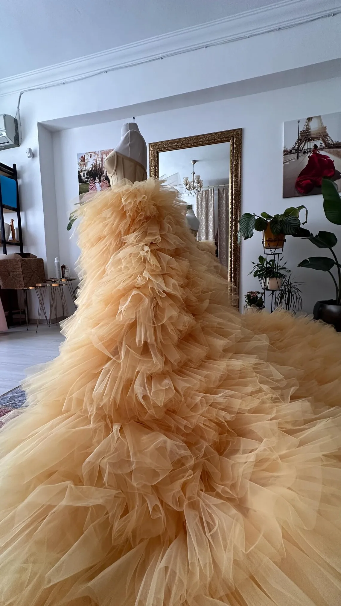 Robe formelle de spectacle de danse 2 pièces haut Corset doré jupe Tulle longue volume taille au sol 2 mètres 
