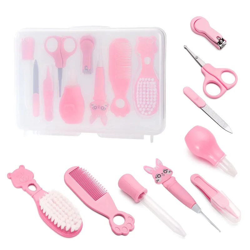 Ensemble soins bébé accessoires hygiène ciseaux ongles brosse peigne thermomètre 9 pièces rose sac EVA qualité