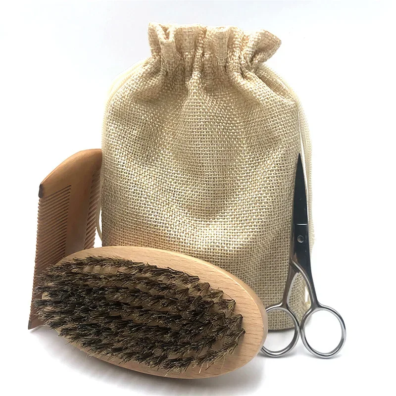 Kit toilettage barbe homme brosse peigne ciseaux sac jute soins cheveux cadeau papa accessoire bébé qualité pr
