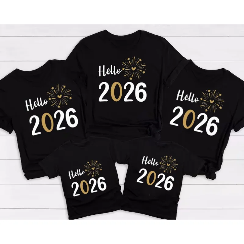 Tshirts famille New Year 2026 Hello 2026 tshirt bébé enfant adulte papa maman tshirt coton noir doré feux d'ar