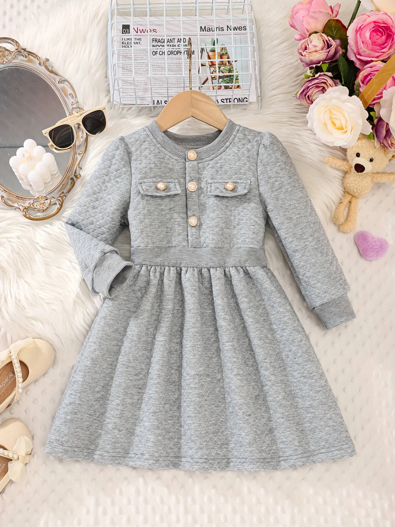 Robe princesse manches longues col rond boutons perles taille cintrée filles 46 ans hiver automne polyester sp